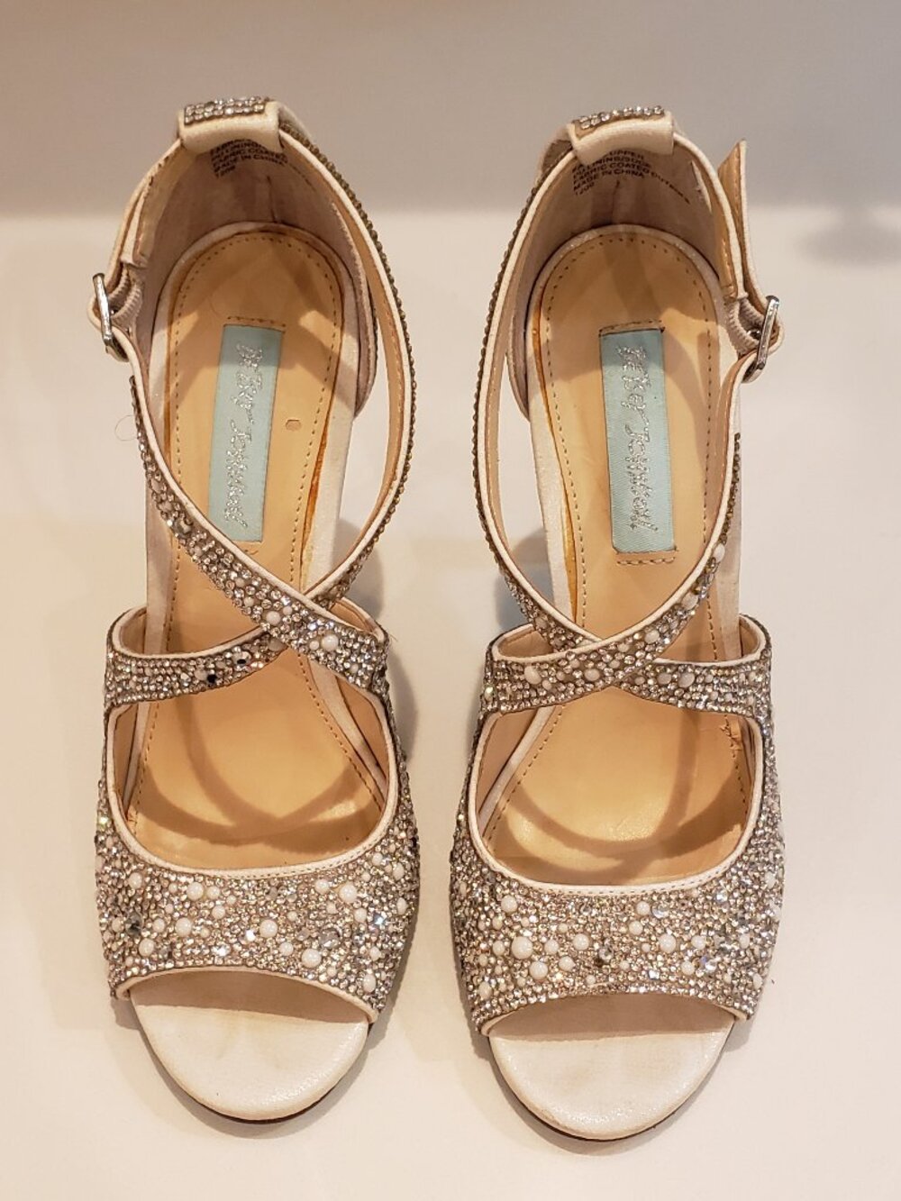 Betsey Johnson Sage Rhinestone and Pearl Heels, size 6.5